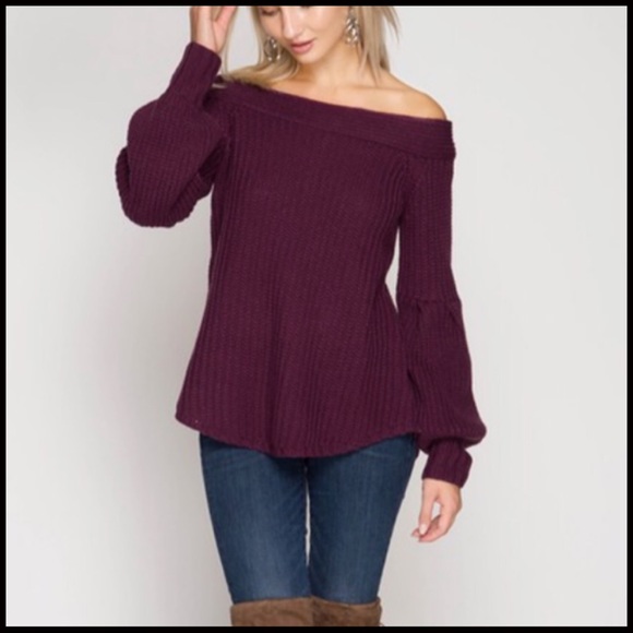 Lantern Sleeve Off-Shoulder Sweater - Picture 6 of 7